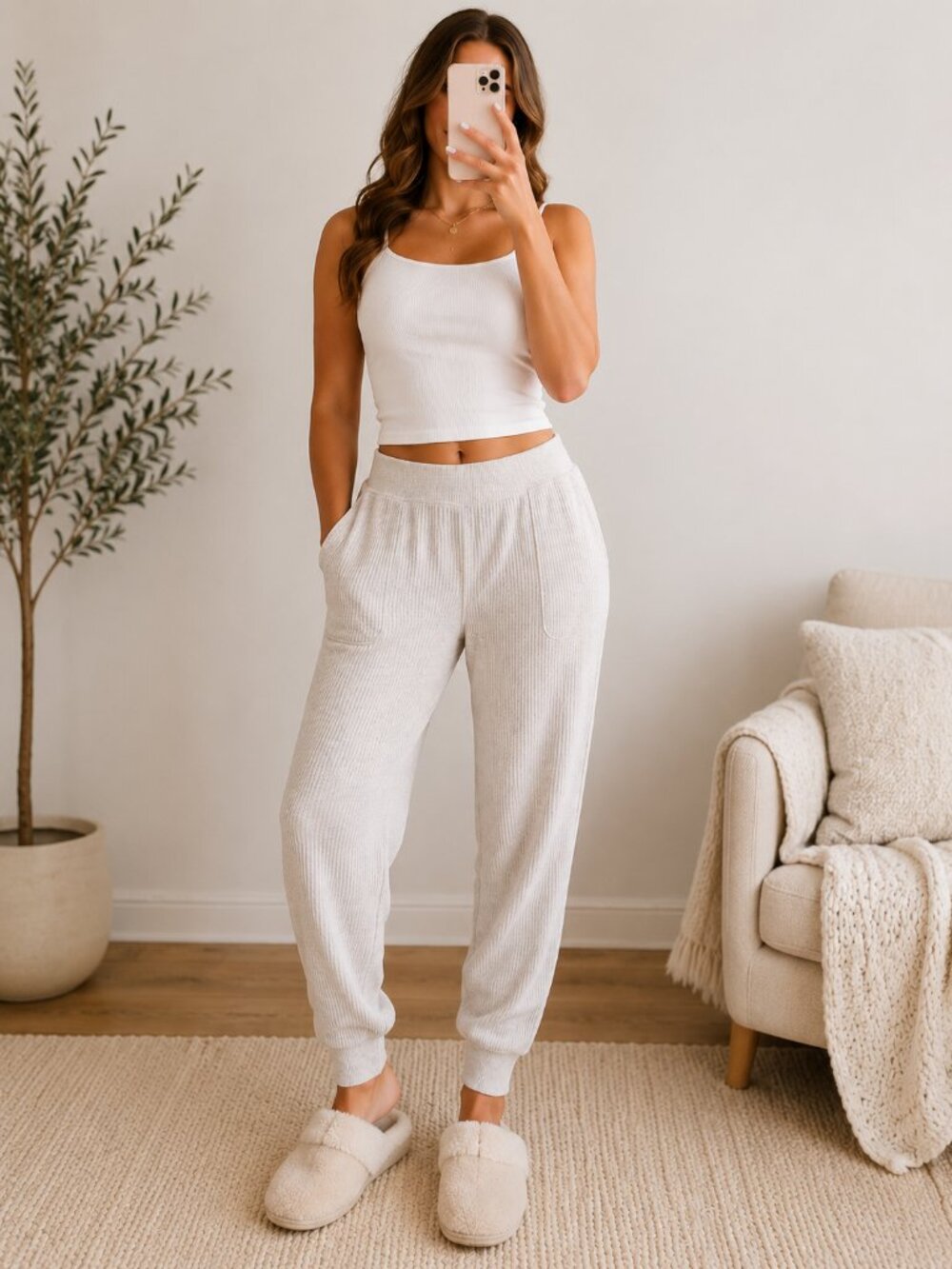 $68 Aerie Oatmeal Waffle Knit Jogger Lounge Pants Size M